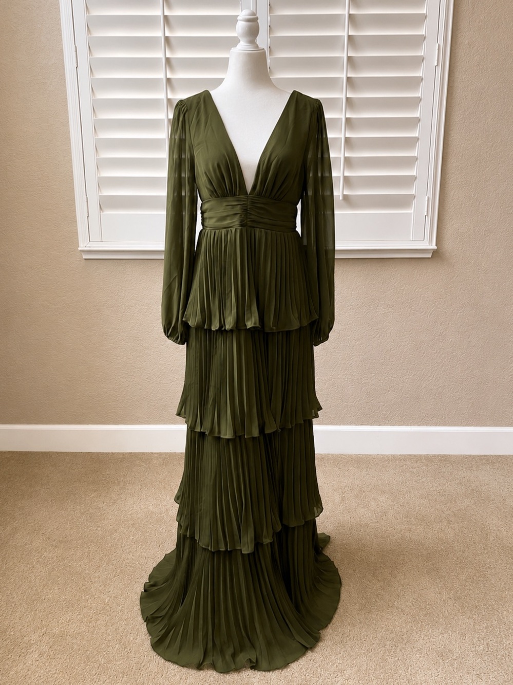 Lulus Graceful Finesse Olive Green Pleated Long Sleeve Maxi Dress - Size M - Picture 2 of 6